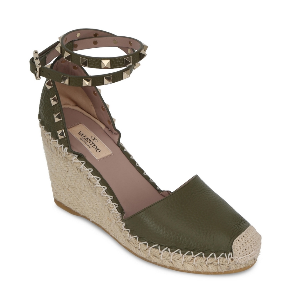 Valentino Olive green leather espadrille wedge 37